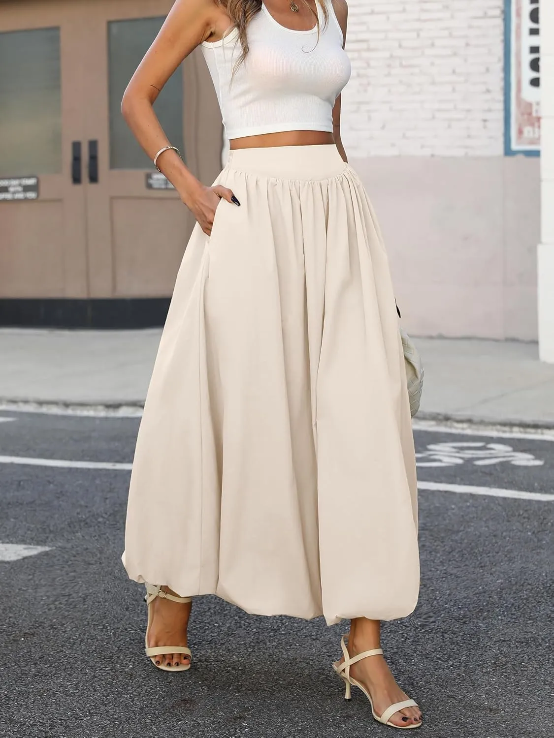 ELLEVEN Women's Bubble Maxi Skirt with Pockets，Elastic Waist Puffy Hem Y2k Skirt Casual A Line Long Skirts