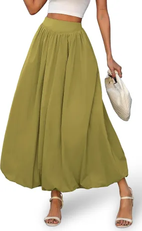 ELLEVEN Women's Bubble Maxi Skirt with Pockets，Elastic Waist Puffy Hem Y2k Skirt Casual A Line Long Skirts