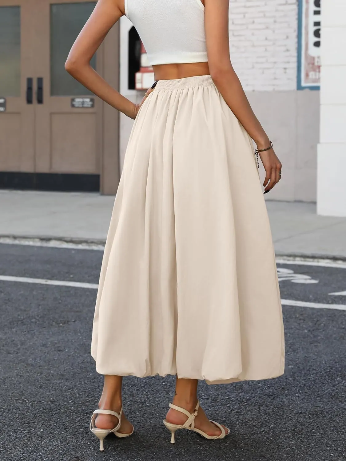 ELLEVEN Women's Bubble Maxi Skirt with Pockets，Elastic Waist Puffy Hem Y2k Skirt Casual A Line Long Skirts