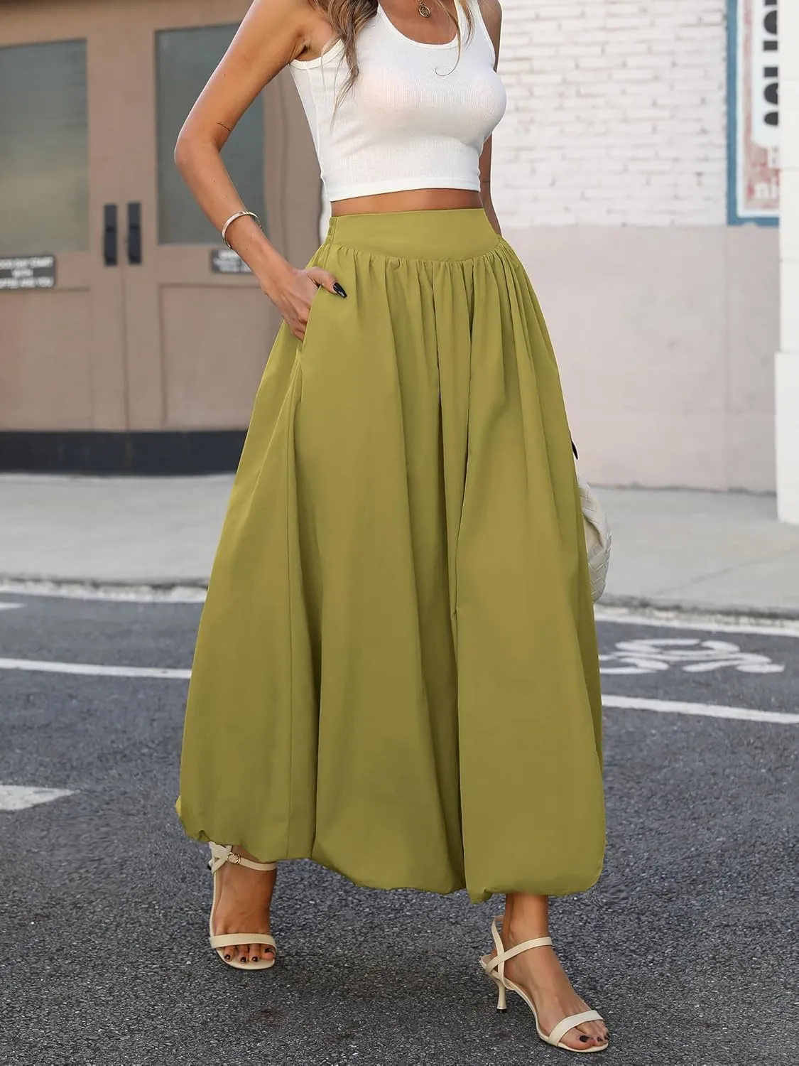 ELLEVEN Women's Bubble Maxi Skirt with Pockets，Elastic Waist Puffy Hem Y2k Skirt Casual A Line Long Skirts