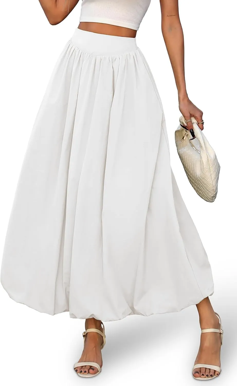 ELLEVEN Women's Bubble Maxi Skirt with Pockets，Elastic Waist Puffy Hem Y2k Skirt Casual A Line Long Skirts