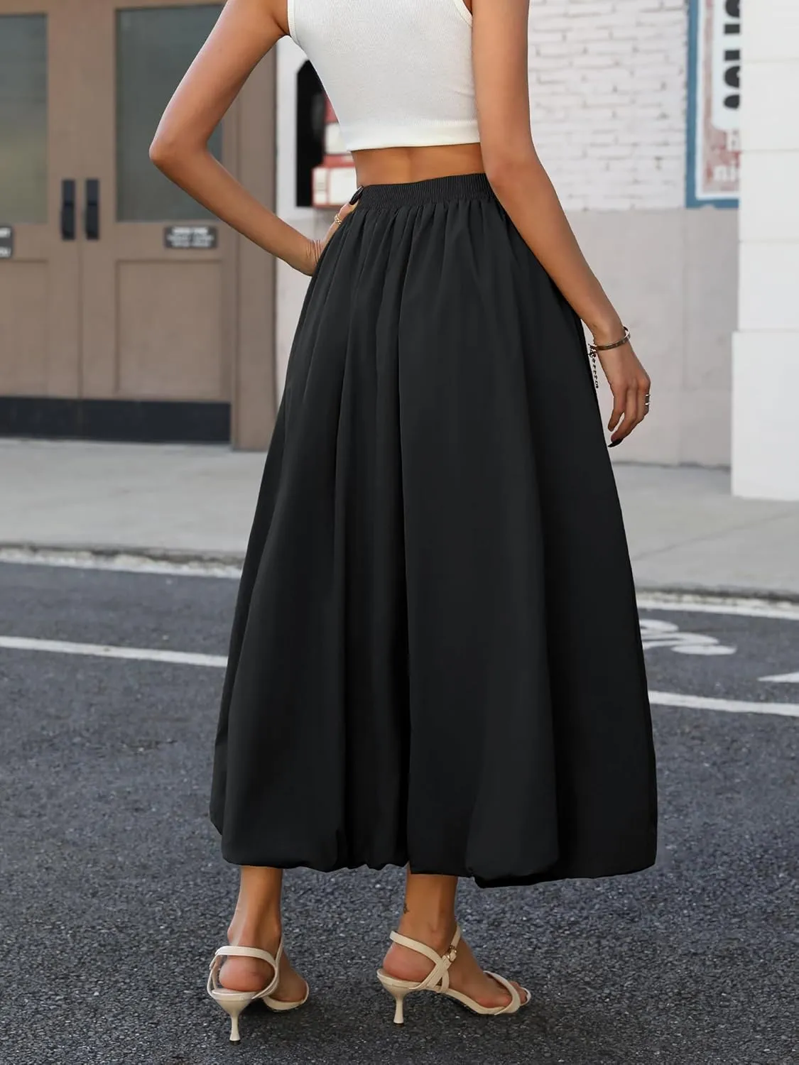 ELLEVEN Women's Bubble Maxi Skirt with Pockets，Elastic Waist Puffy Hem Y2k Skirt Casual A Line Long Skirts
