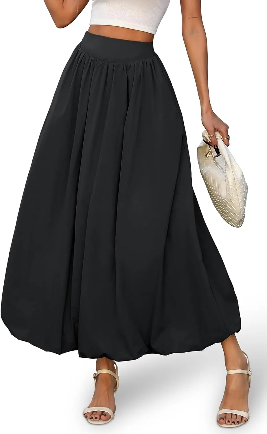 ELLEVEN Women's Bubble Maxi Skirt with Pockets，Elastic Waist Puffy Hem Y2k Skirt Casual A Line Long Skirts