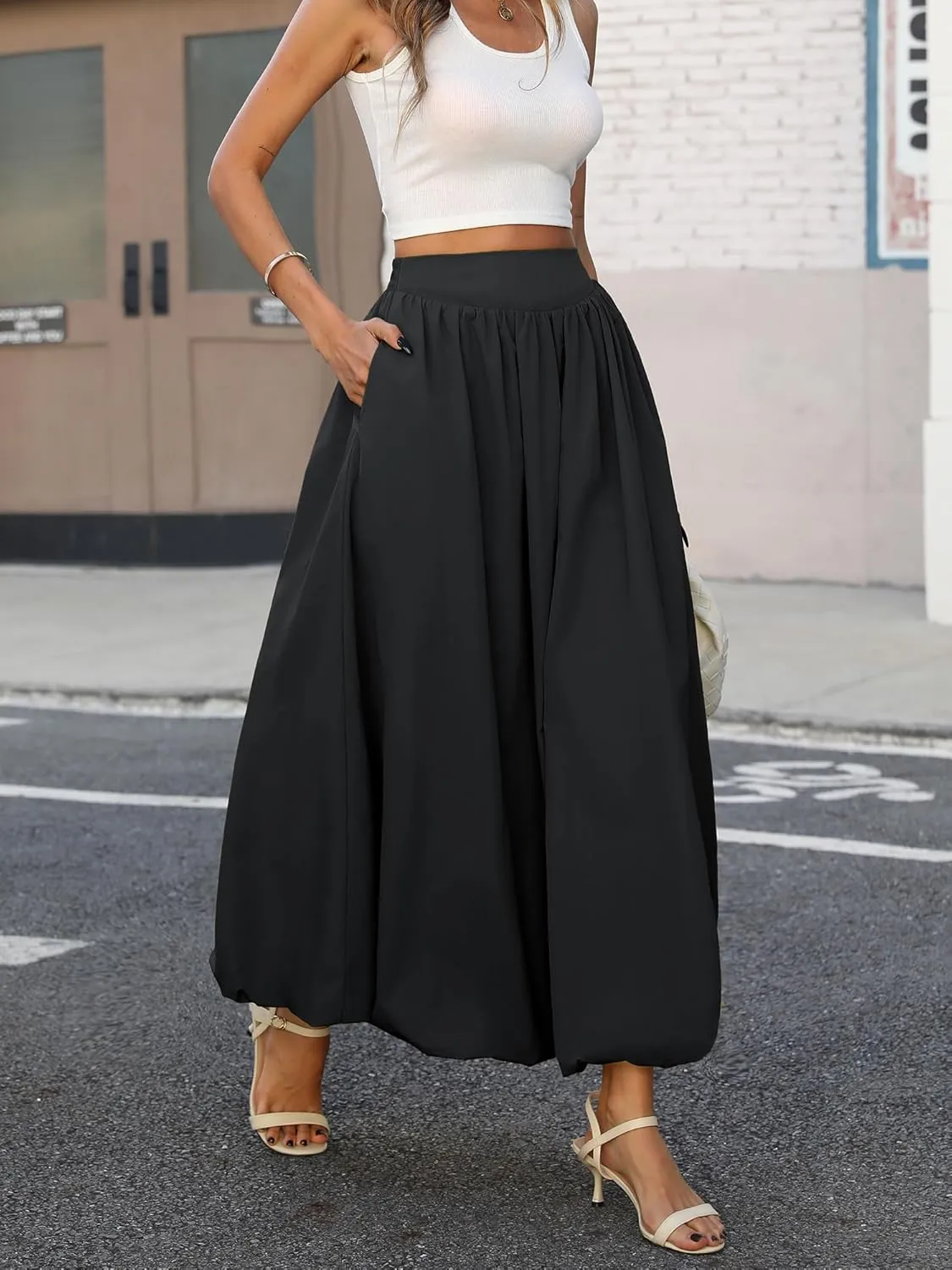 ELLEVEN Women's Bubble Maxi Skirt with Pockets，Elastic Waist Puffy Hem Y2k Skirt Casual A Line Long Skirts