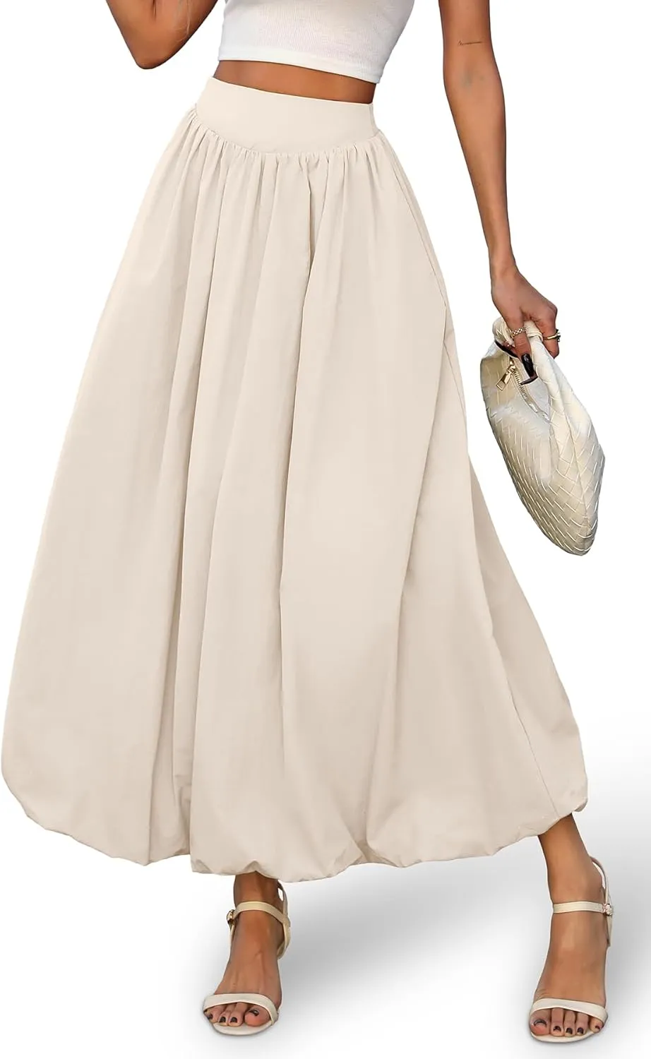 ELLEVEN Women's Bubble Maxi Skirt with Pockets，Elastic Waist Puffy Hem Y2k Skirt Casual A Line Long Skirts