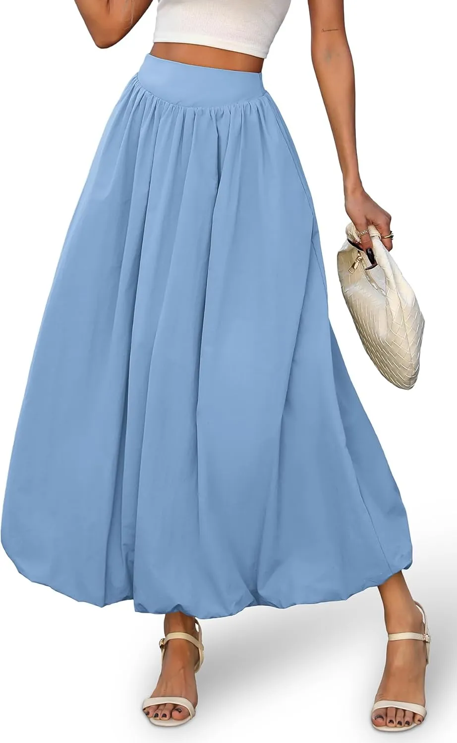 ELLEVEN Women's Bubble Maxi Skirt with Pockets，Elastic Waist Puffy Hem Y2k Skirt Casual A Line Long Skirts