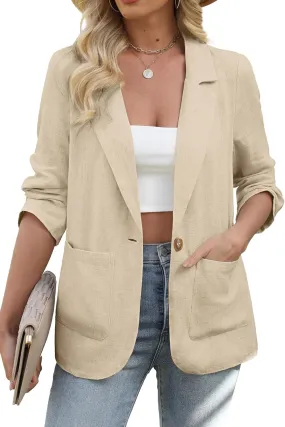 ELLEVEN Womens Linen Blazer Casual Long Sleeve Lightweight One Button Jackets Spring Summer Suit