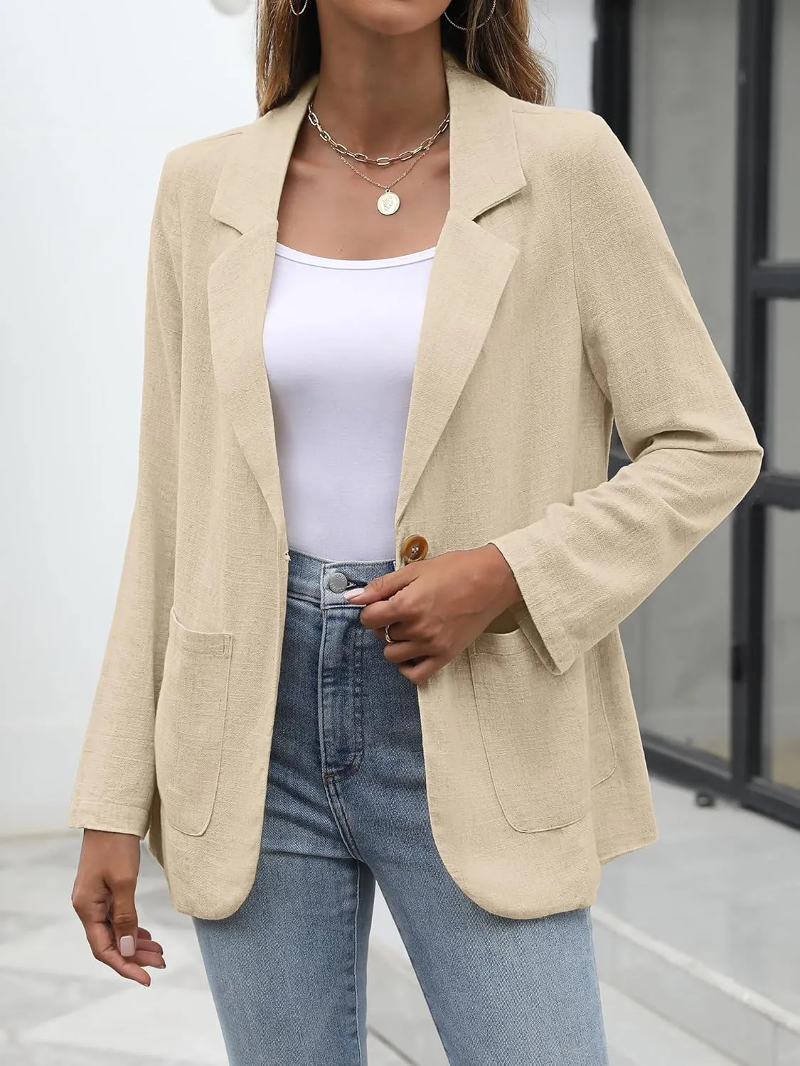ELLEVEN Womens Linen Blazer Casual Long Sleeve Lightweight One Button Jackets Spring Summer Suit