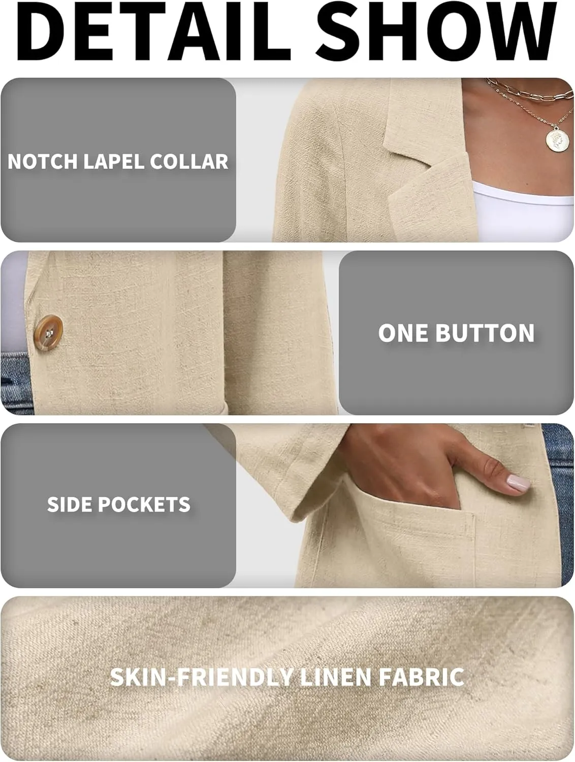 ELLEVEN Womens Linen Blazer Casual Long Sleeve Lightweight One Button Jackets Spring Summer Suit