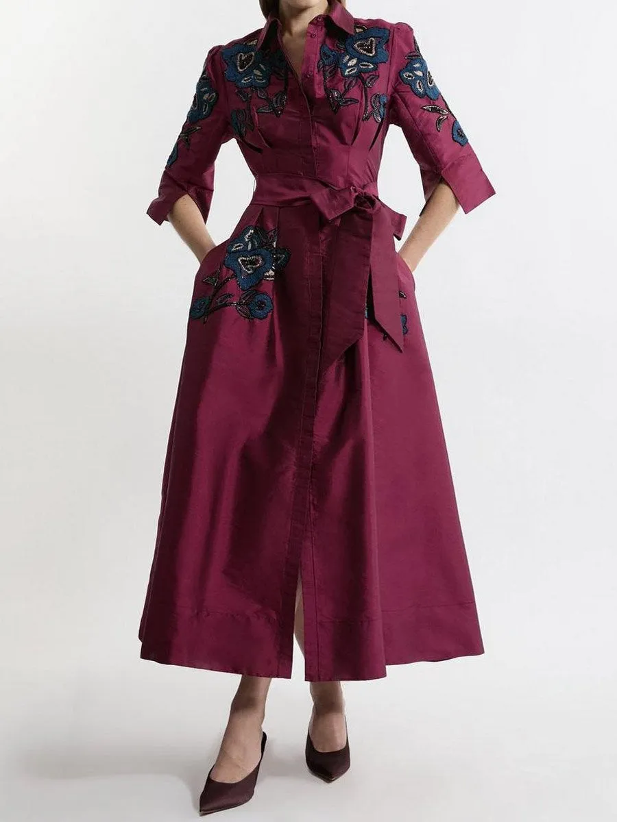 Embroidered Lace Up Shirt Dress