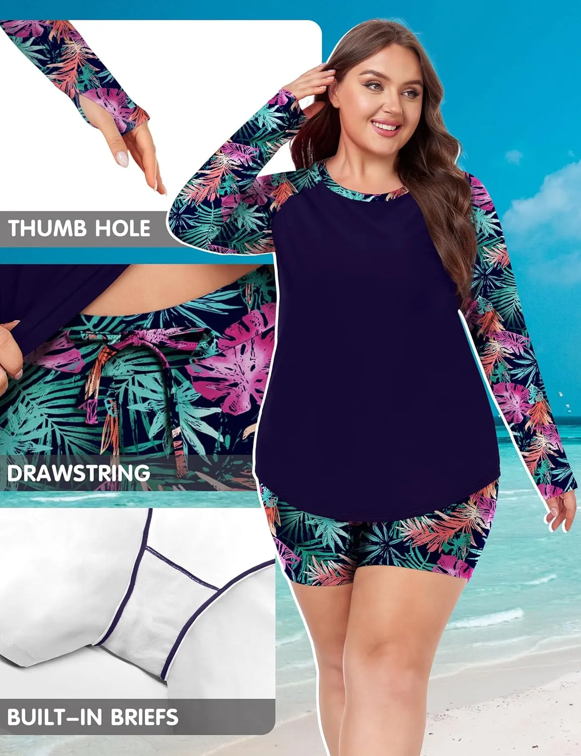 FOREYOND Women's 2 Piece Plus Size Rash Guard Long Sleeve Swimsuits Swim Shirt and Short Bathing Suit UPF 50 