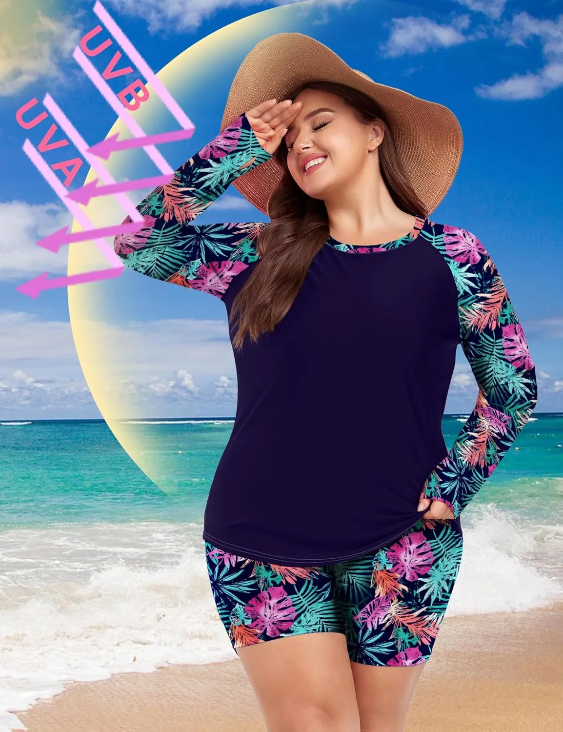 FOREYOND Women's 2 Piece Plus Size Rash Guard Long Sleeve Swimsuits Swim Shirt and Short Bathing Suit UPF 50 