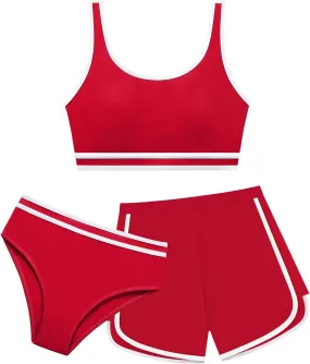 Girl 3 Piece Swimsuits Bathing Suit High Waist Color Block Bikini Set with Shorts Swimwear for Size 9-14 Years