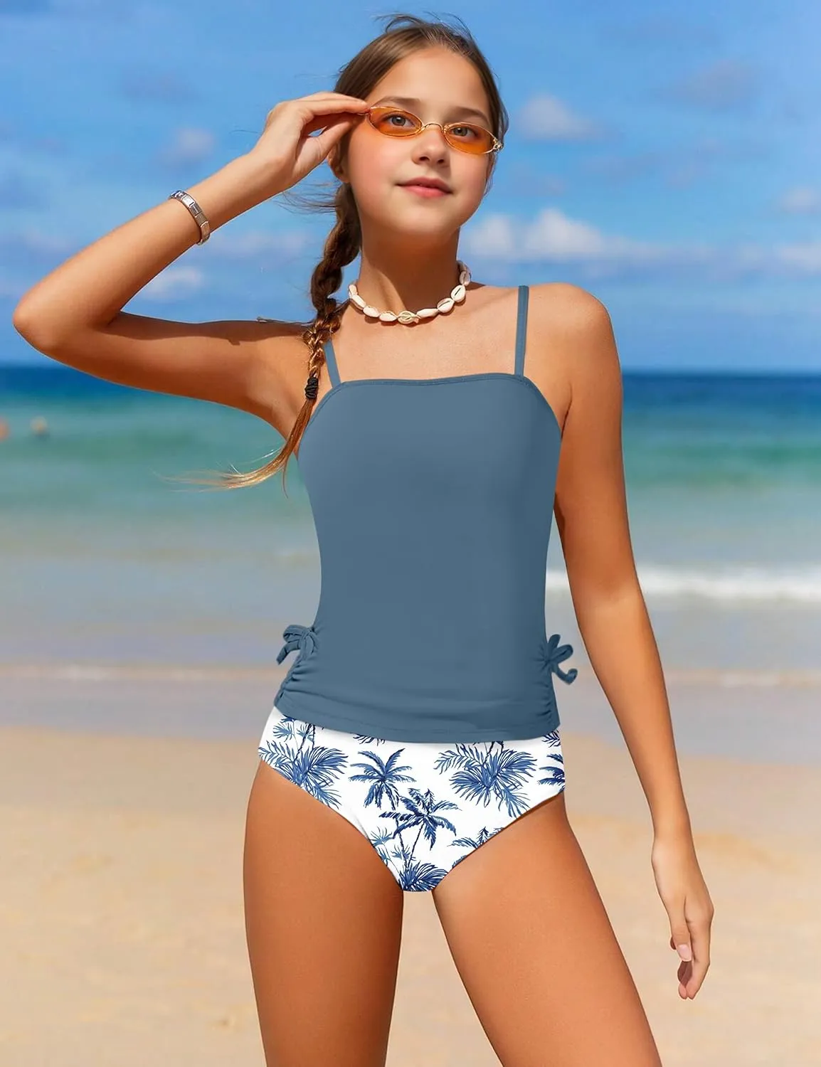 Girls Tankini Swimsuits Two Piece Bathing Suit Drawstring Swimwear Set for Girls 7-14 Years