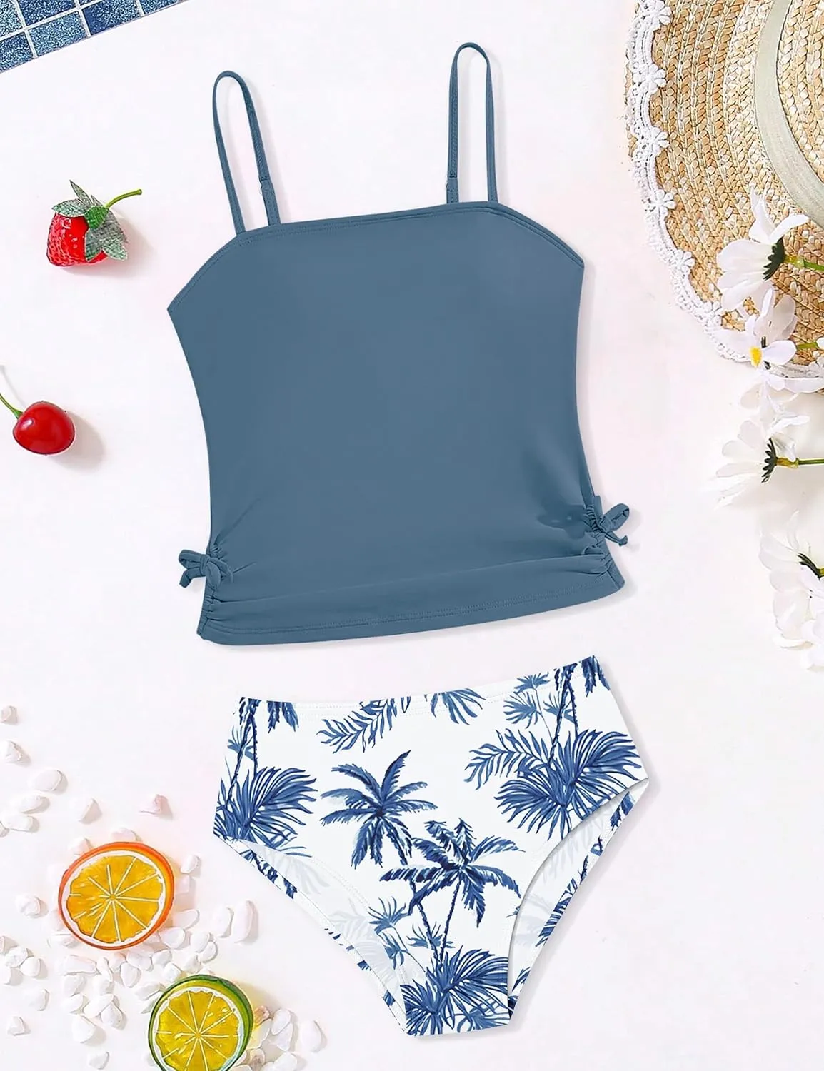 Girls Tankini Swimsuits Two Piece Bathing Suit Drawstring Swimwear Set for Girls 7-14 Years