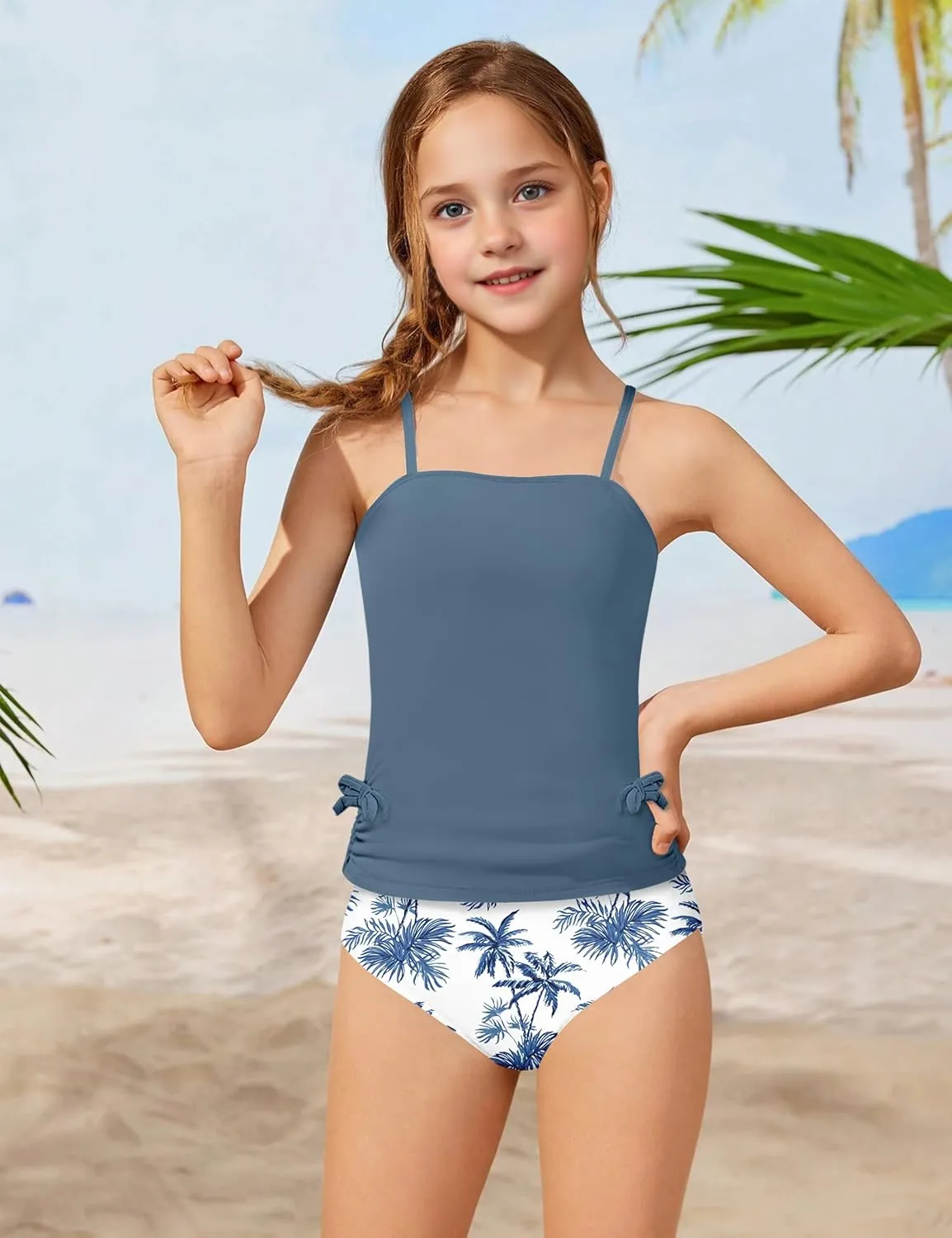 Girls Tankini Swimsuits Two Piece Bathing Suit Drawstring Swimwear Set for Girls 7-14 Years