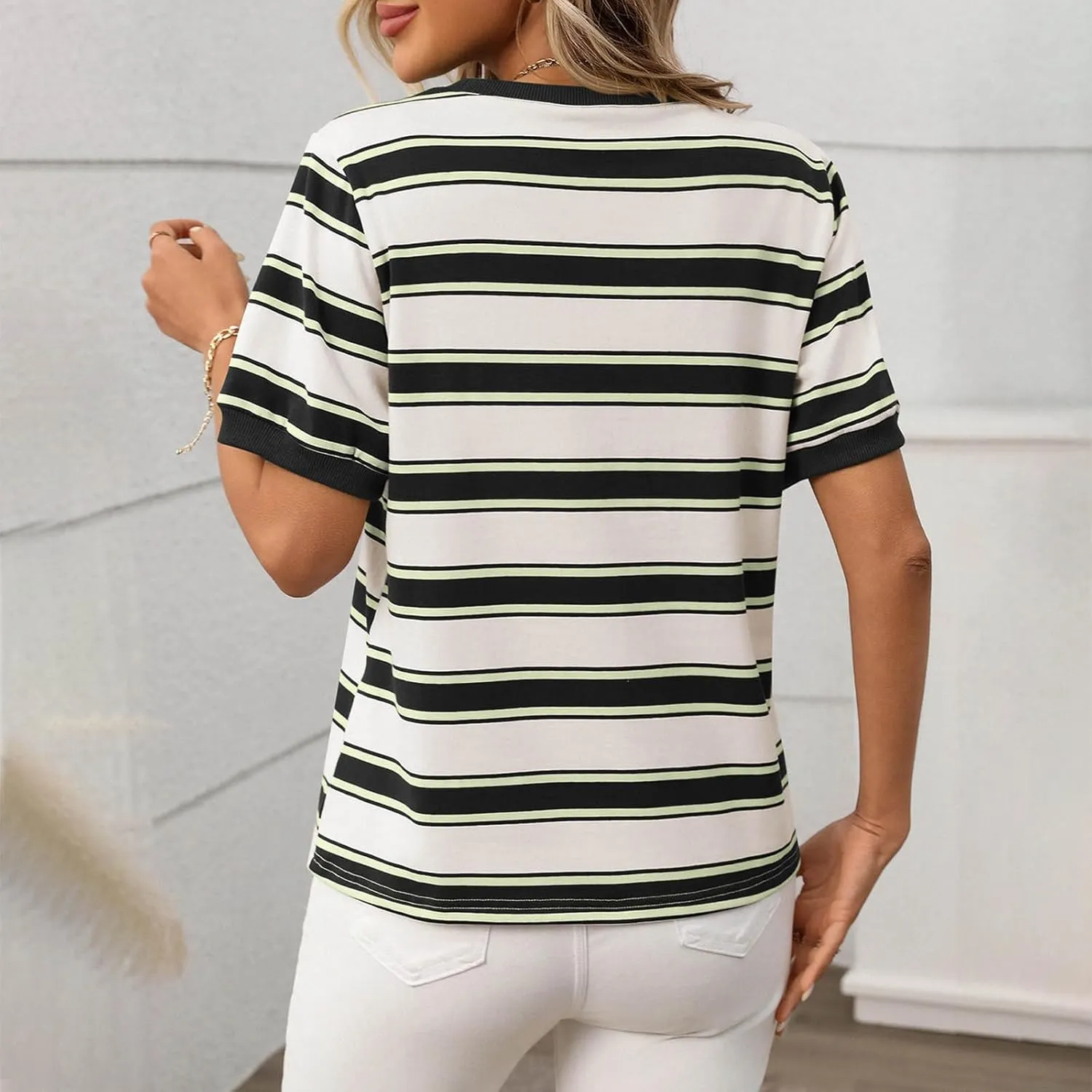 HGps8w Casual Cotton Striped Tops for Women 2025 Summer Short Sleeve Tee Shirt Color Block Loose Crewneck Comfy Blouses
