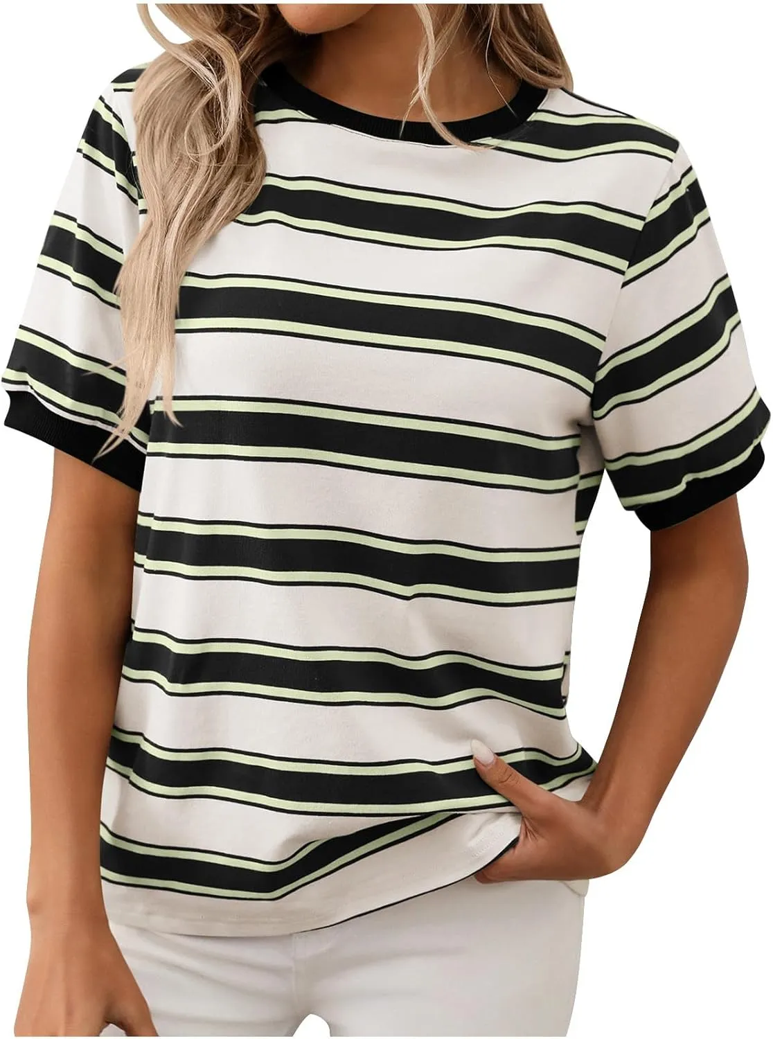 HGps8w Casual Cotton Striped Tops for Women 2025 Summer Short Sleeve Tee Shirt Color Block Loose Crewneck Comfy Blouses