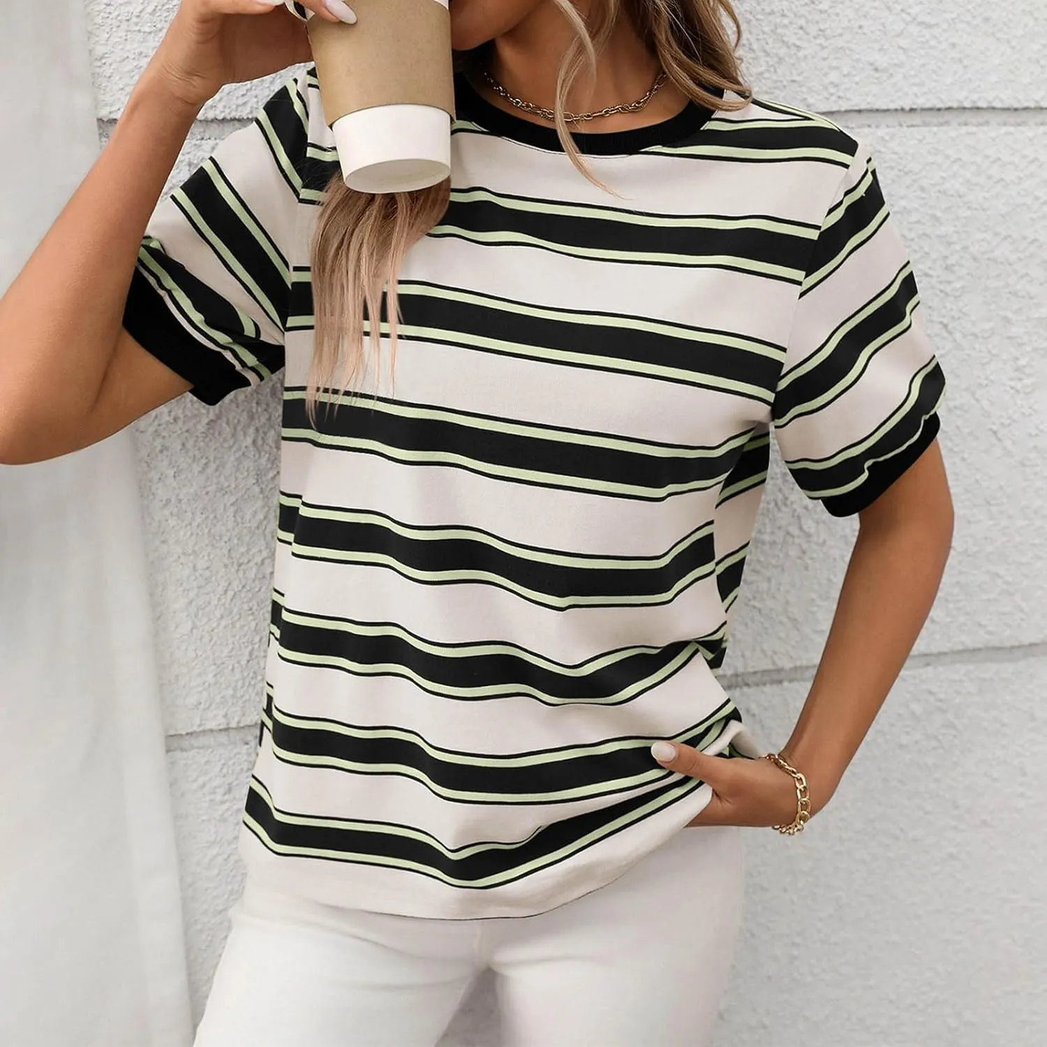 HGps8w Casual Cotton Striped Tops for Women 2025 Summer Short Sleeve Tee Shirt Color Block Loose Crewneck Comfy Blouses