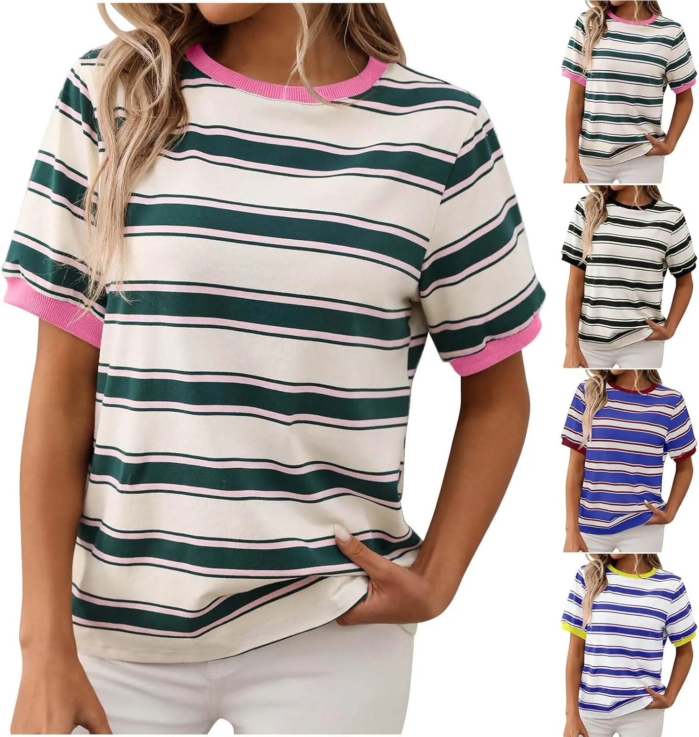 HGps8w Casual Cotton Striped Tops for Women 2025 Summer Short Sleeve Tee Shirt Color Block Loose Crewneck Comfy Blouses