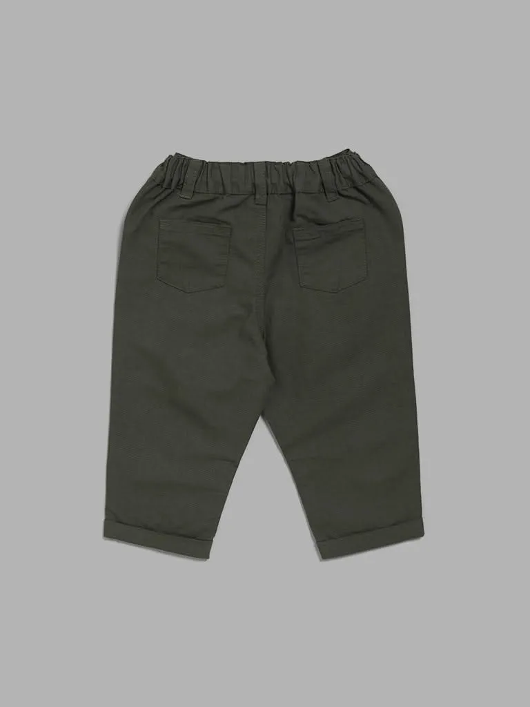 HOP Baby Solid Olive Green Button Accent Trousers
