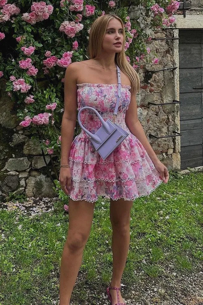 Jessica Bara Penelope Printed Strapless Ruffle Mini Dress