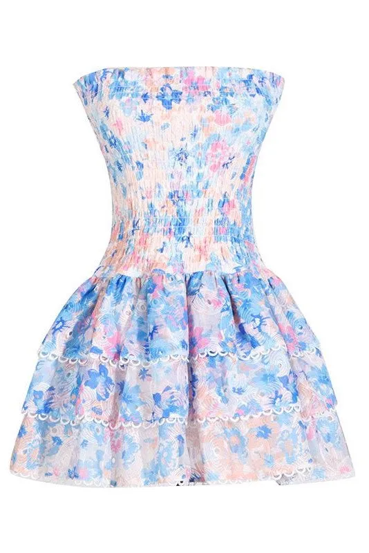 Jessica Bara Penelope Printed Strapless Ruffle Mini Dress