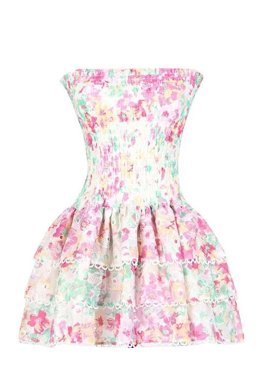 Jessica Bara Penelope Printed Strapless Ruffle Mini Dress