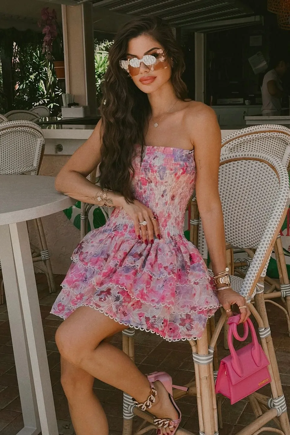 Jessica Bara Penelope Printed Strapless Ruffle Mini Dress