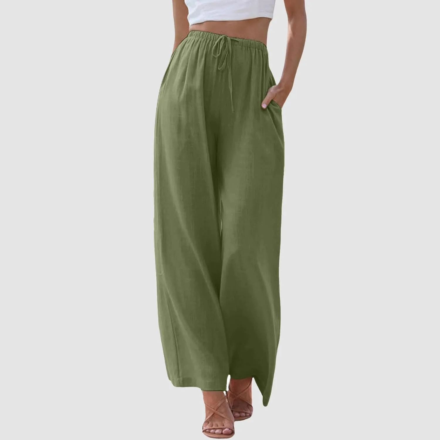 JiXiang Linen Pants Women Straight Leg Solid Drawstring Elastic Yoga Trousers Comfy Long Lounge Beach Trousers with Pockets
