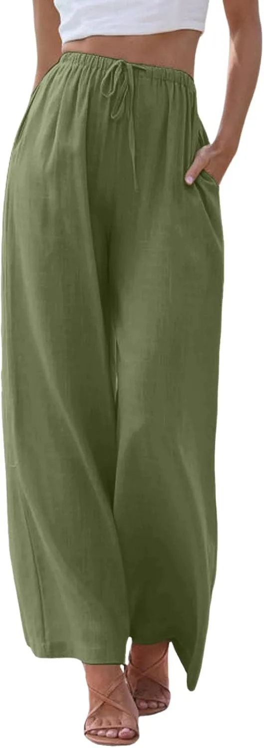 JiXiang Linen Pants Women Straight Leg Solid Drawstring Elastic Yoga Trousers Comfy Long Lounge Beach Trousers with Pockets