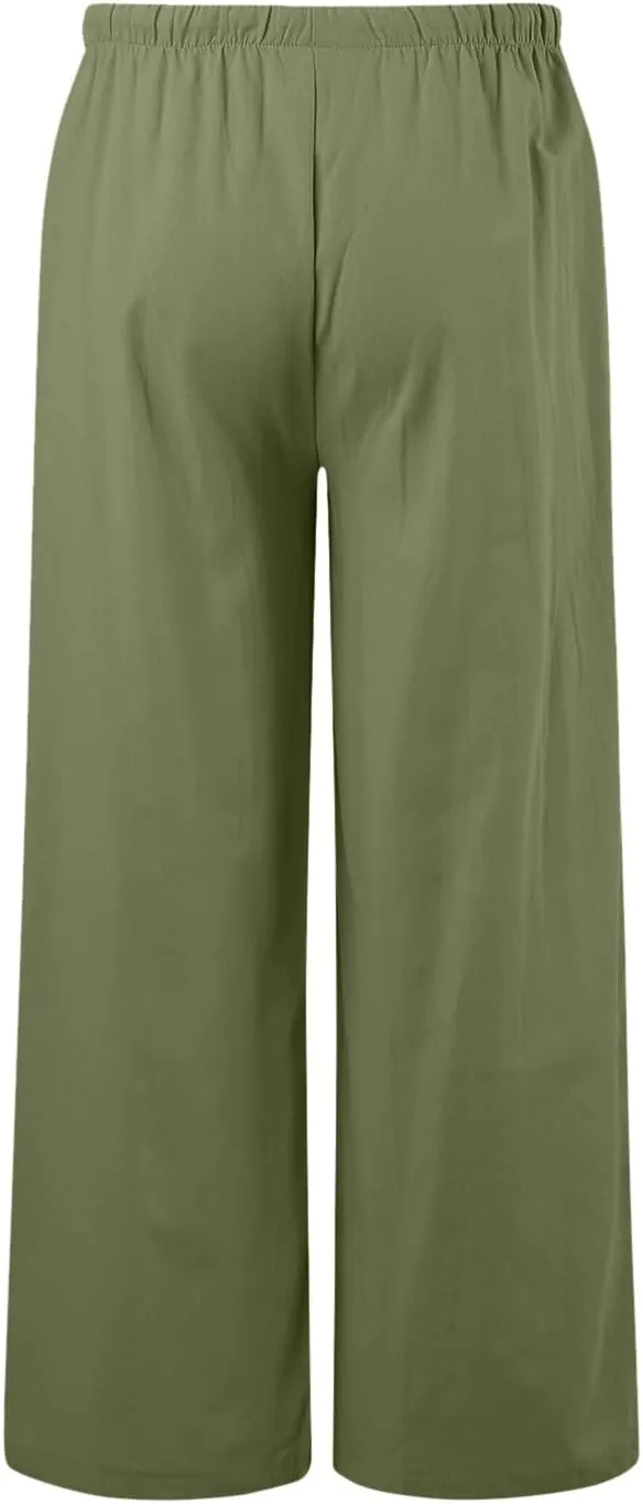 JiXiang Linen Pants Women Straight Leg Solid Drawstring Elastic Yoga Trousers Comfy Long Lounge Beach Trousers with Pockets