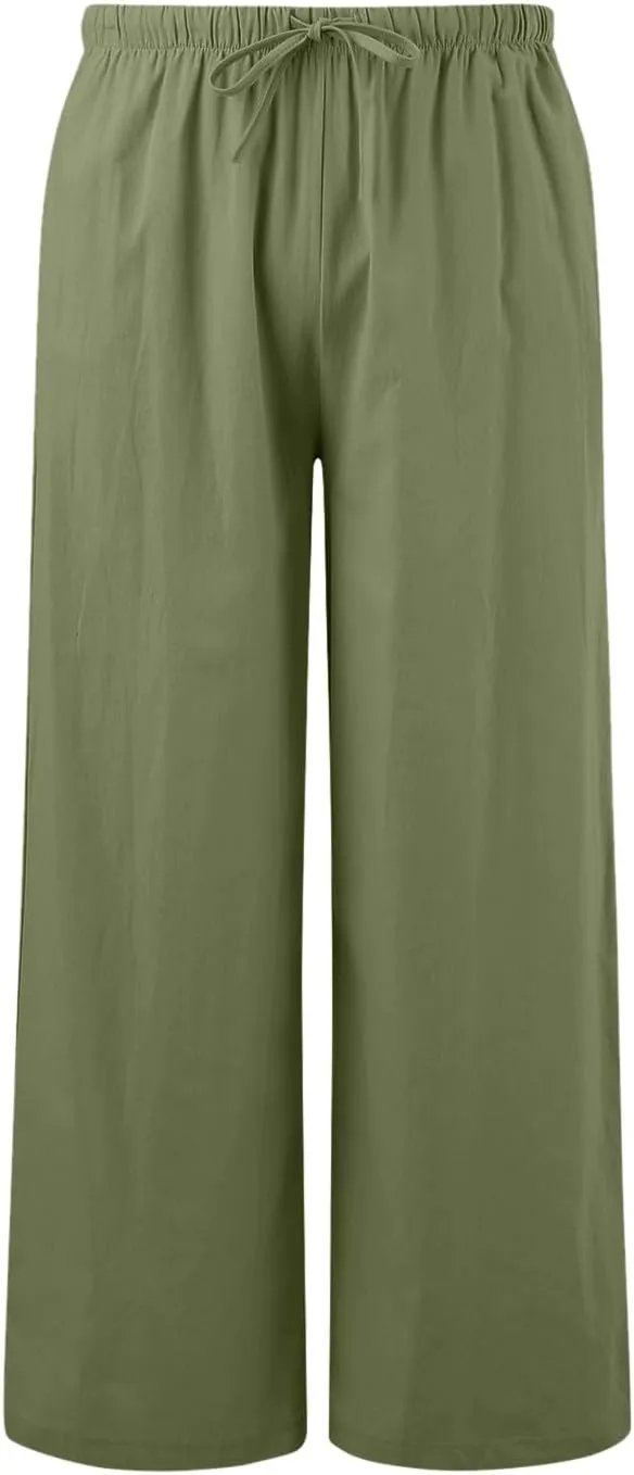 JiXiang Linen Pants Women Straight Leg Solid Drawstring Elastic Yoga Trousers Comfy Long Lounge Beach Trousers with Pockets