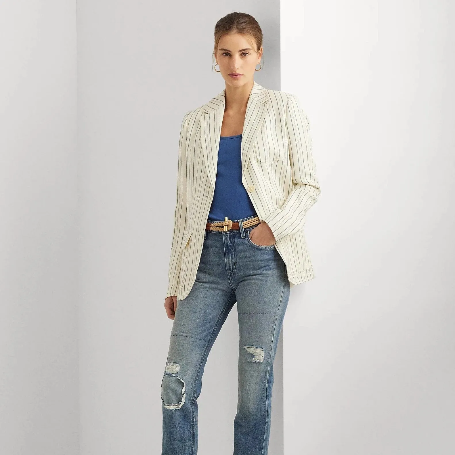 Lauren Ralph Lauren Striped Cotton-Blend Blazer in Cream/Blue