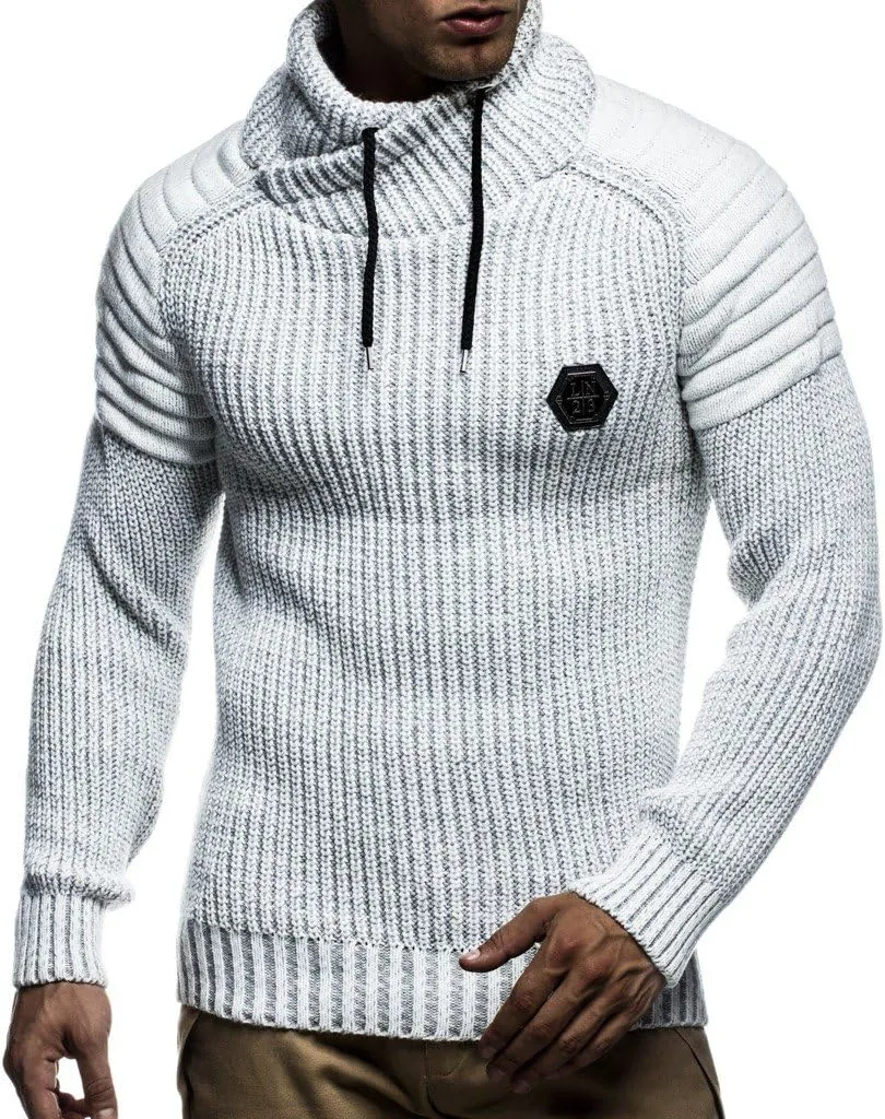 Leif Nelson Men’s Knitted Pullover | Long-sleeved slim fit Knitwear | Biker-Style sweatshirt with shawl collar for Men