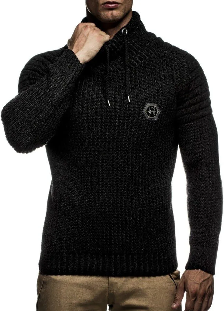 Leif Nelson Men’s Knitted Pullover | Long-sleeved slim fit Knitwear | Biker-Style sweatshirt with shawl collar for Men