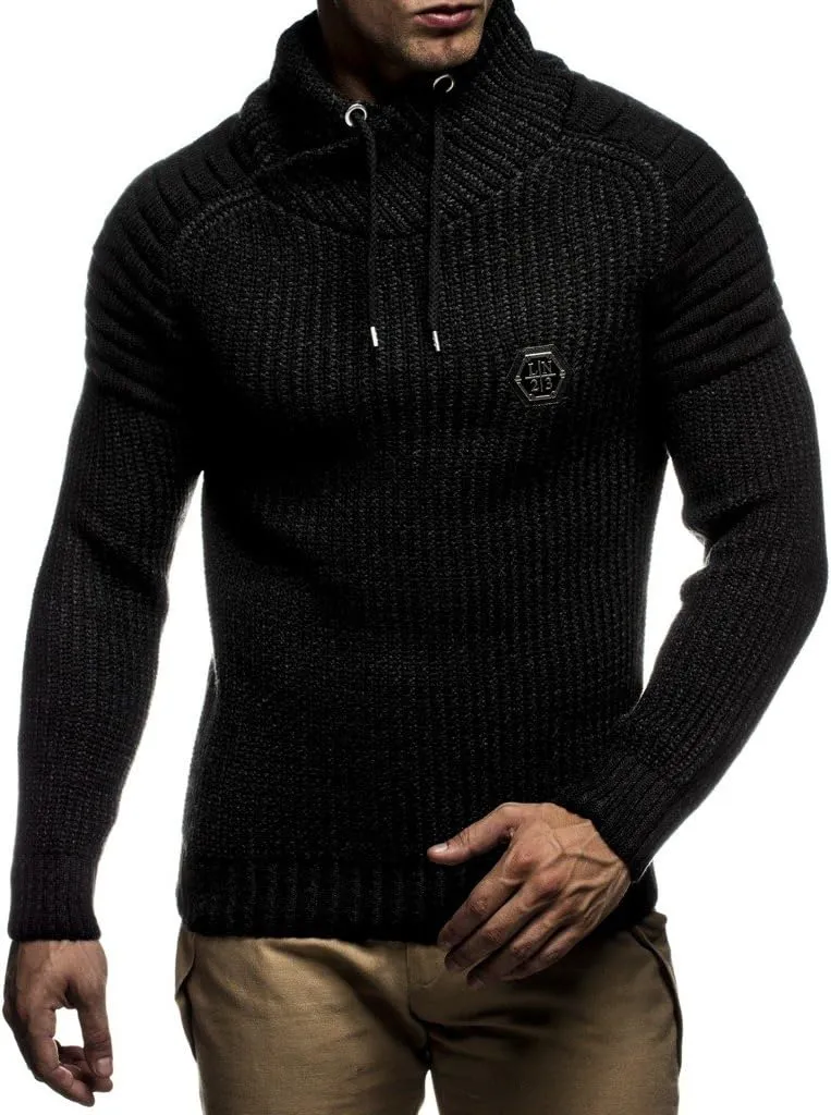 Leif Nelson Men’s Knitted Pullover | Long-sleeved slim fit Knitwear | Biker-Style sweatshirt with shawl collar for Men