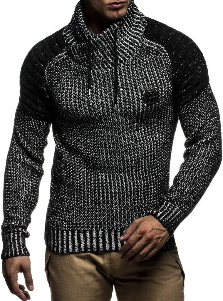 Leif Nelson Men’s Knitted Pullover | Long-sleeved slim fit Knitwear | Biker-Style sweatshirt with shawl collar for Men