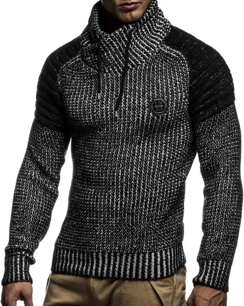 Leif Nelson Men’s Knitted Pullover | Long-sleeved slim fit Knitwear | Biker-Style sweatshirt with shawl collar for Men