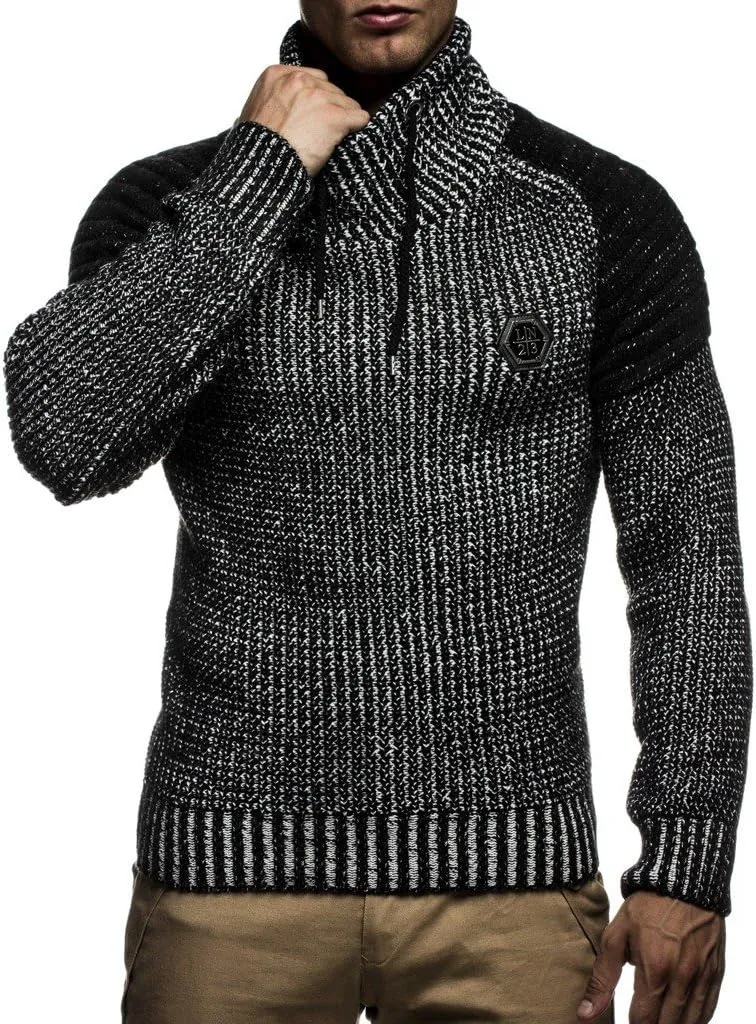 Leif Nelson Men’s Knitted Pullover | Long-sleeved slim fit Knitwear | Biker-Style sweatshirt with shawl collar for Men