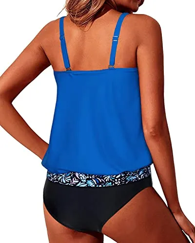 Loose Fit Swimwear Blouson Tankini For Women-Bright Blue And Black Floral