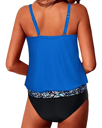 Loose Fit Swimwear Blouson Tankini For Women-Bright Blue And Black Floral