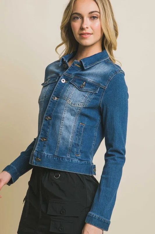 Love Tree Distressed Button Up Stretchy Cotton Denim Jacket