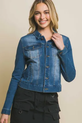 Love Tree Distressed Button Up Stretchy Cotton Denim Jacket