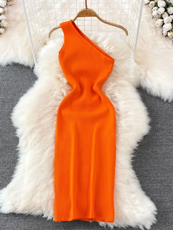 Lyla New Fashionable Slanted Shoulder Solid Color Slim Elastic Slim Fit Hip-Hugging Knitted Dress