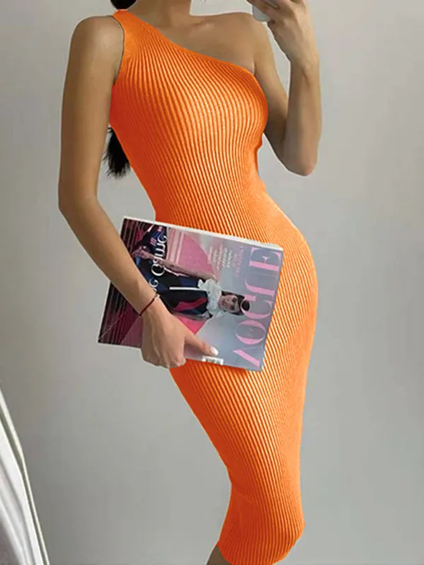 Lyla New Fashionable Slanted Shoulder Solid Color Slim Elastic Slim Fit Hip-Hugging Knitted Dress