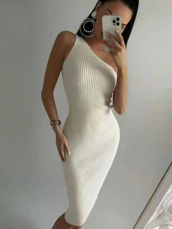 Lyla New Fashionable Slanted Shoulder Solid Color Slim Elastic Slim Fit Hip-Hugging Knitted Dress