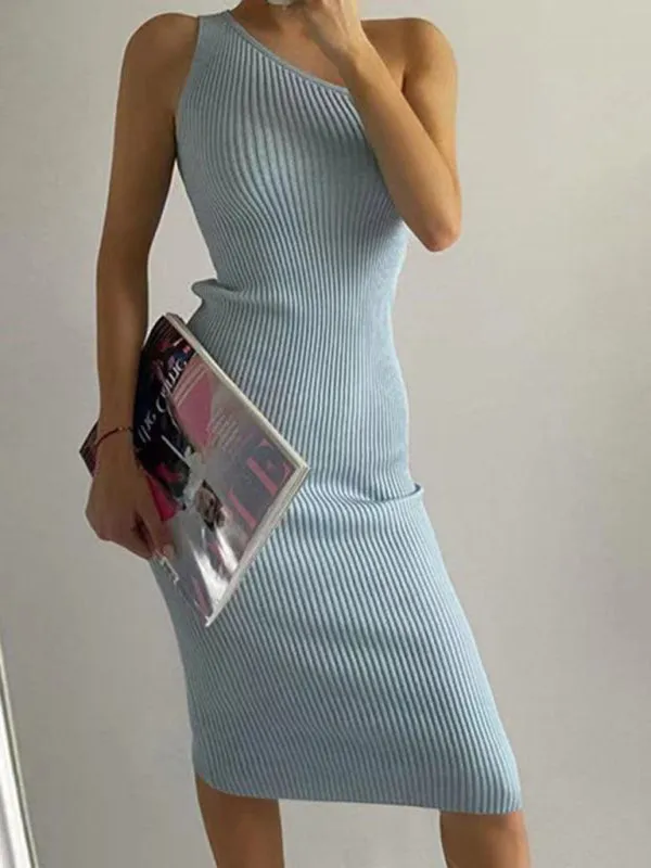 Lyla New Fashionable Slanted Shoulder Solid Color Slim Elastic Slim Fit Hip-Hugging Knitted Dress
