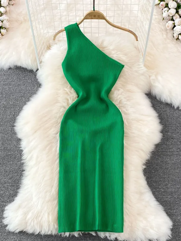 Lyla New Fashionable Slanted Shoulder Solid Color Slim Elastic Slim Fit Hip-Hugging Knitted Dress