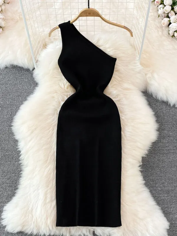 Lyla New Fashionable Slanted Shoulder Solid Color Slim Elastic Slim Fit Hip-Hugging Knitted Dress